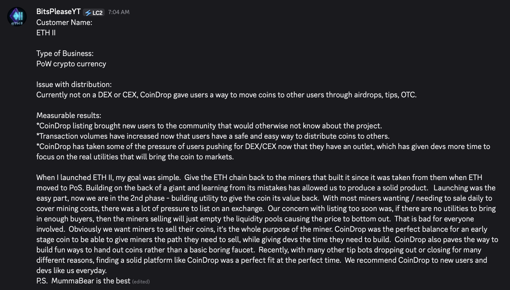 ETH II case study message describing how CoinDrop airdrops and tips gave users a way to move coins before a DEX or CEX listing