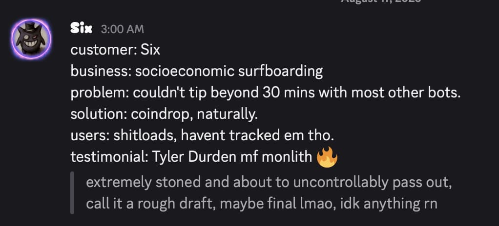 Discord message from Six explaining other bots could not tip beyond 30 minutes